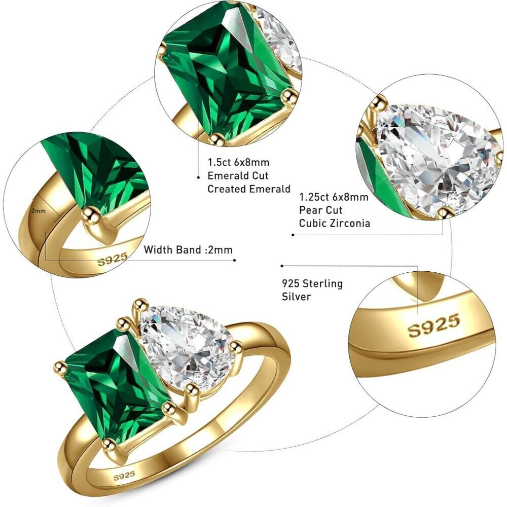 Women's Toi Et Moi 2.75ct Emerald & Pear-Cut Cubic Zirconia Silver Engagement Ri - Picture 3 of 7